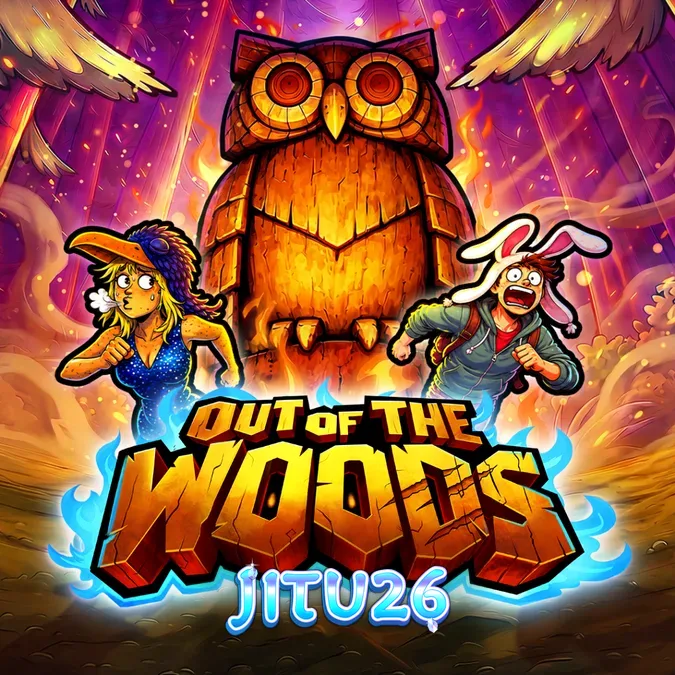 Tampilan visual slot Out Of The Woods dengan suasana hutan gelap dan simbol-simbol misterius.